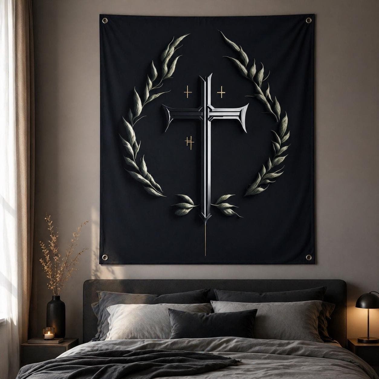 Christian Cross Tapestry, Gothic Dark Academia Room Decor, Silver Catholic Wall Hanging, Moody Religious Faith Art, Spiritual Gift - image 5