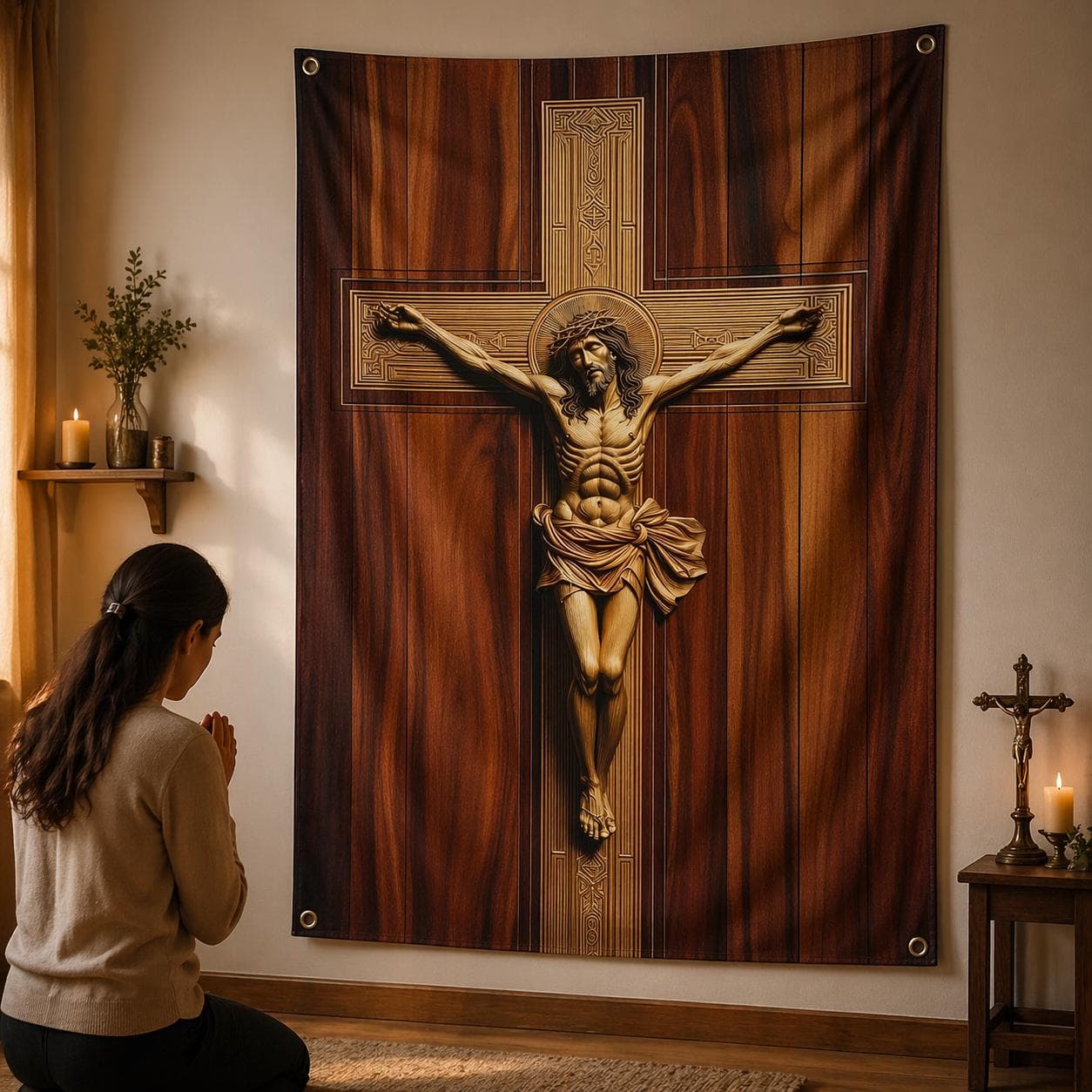 Jesus Christ Crucifix Wall Tapestry, 3D Wood Carving Effect Christian Wall Art, Catholic Religious Gift, Faux Wood Cross Hanging Wall Rug - image 3