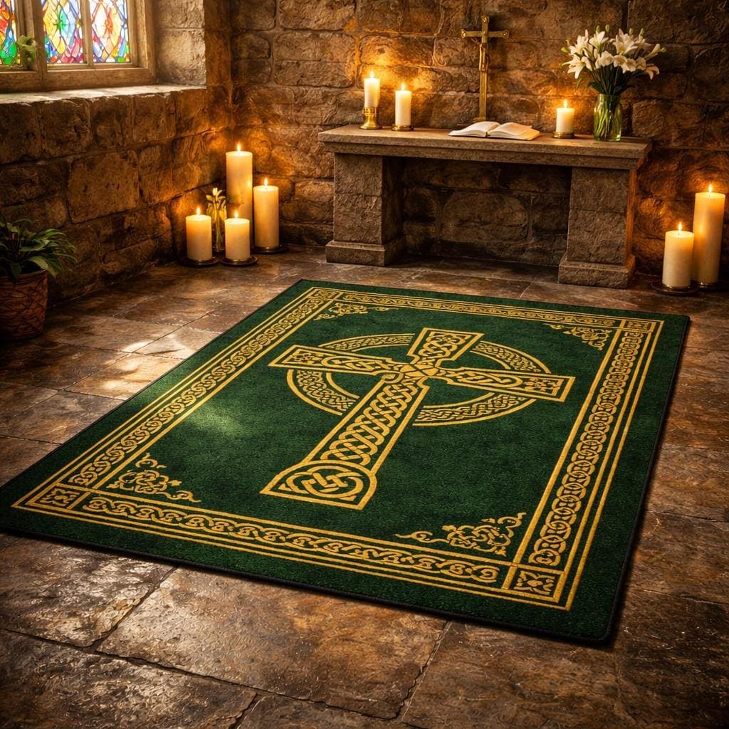 Christian Prayer Mat Rug, Celtic Cross Prayer Rug, Christian Prayer Carpet, Catholic Prayer Mat, Green Gold Church Rug, Christian Gift - image 5