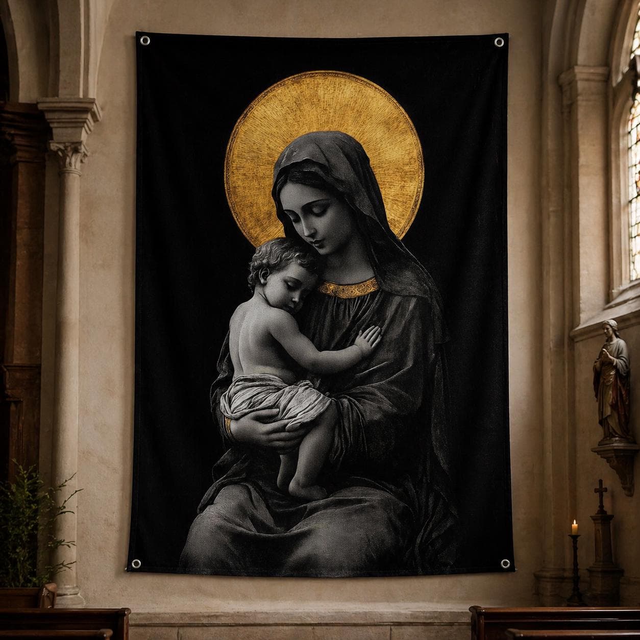 Virgin Mary Tapestry, Catholic Wall Art, Madonna and Child Wall Hanging, Dark Academia Decor, Christian Baptism Gift, Black and Gold Art