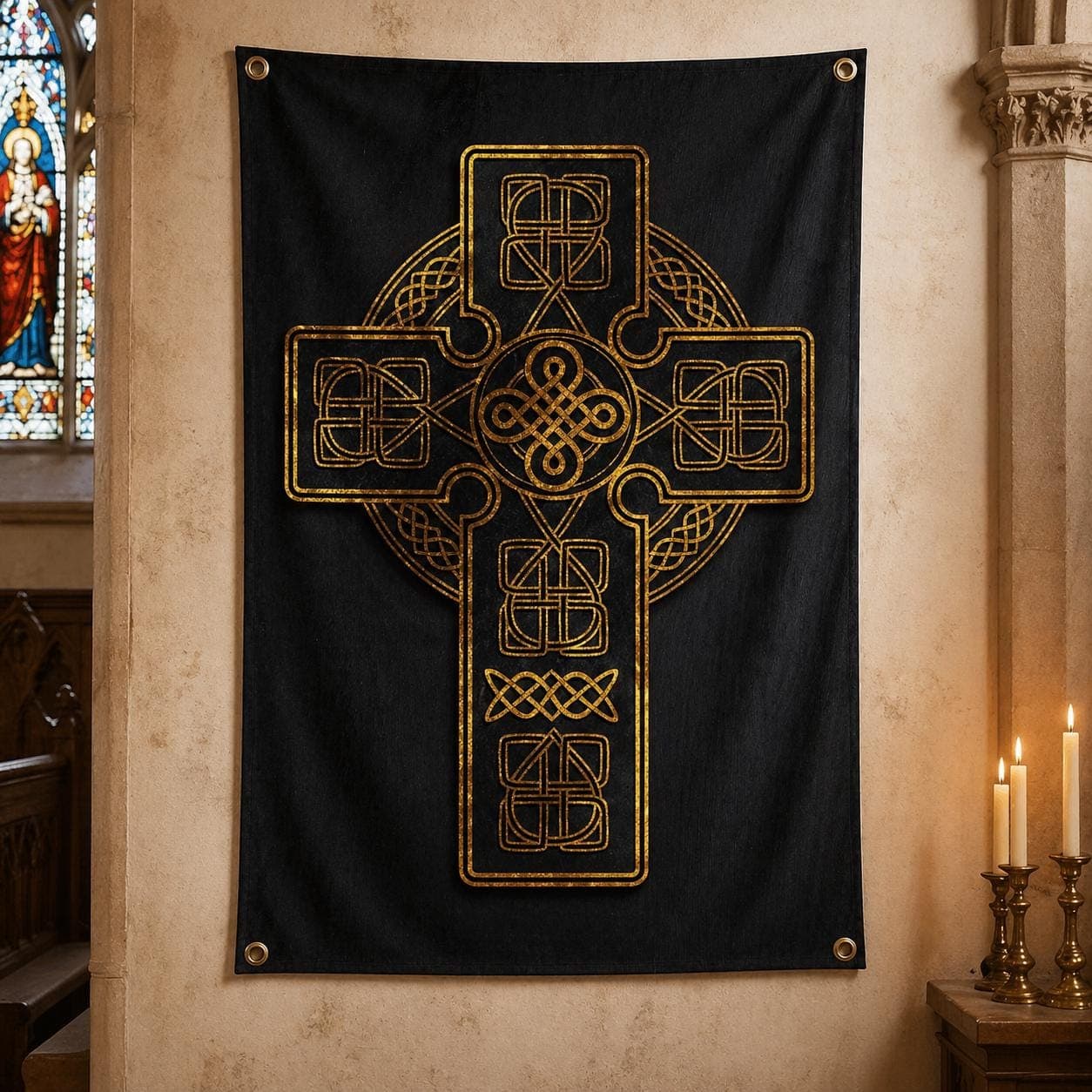 Black and Gold Celtic Cross Tapestry, Irish Catholic Wall Hanging, Gothic Dark Academia Room Decor, Christian Religious Home Wall Art