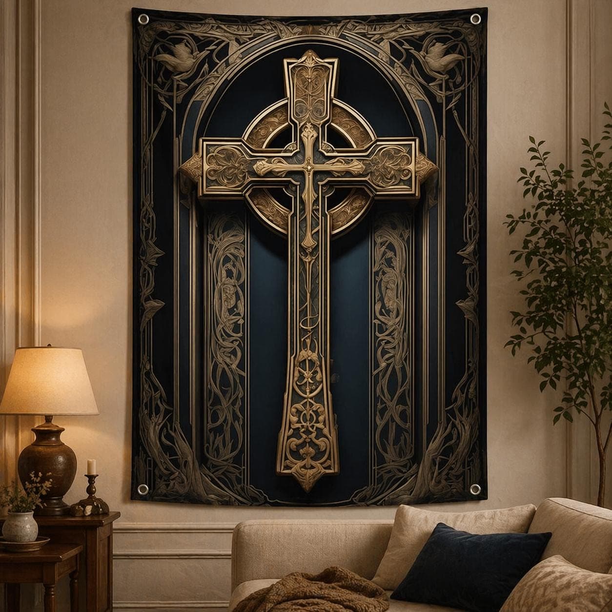 Gothic Celtic Cross Tapestry, Dark Academia Wall Hanging, Medieval Christian Decor, Ornate Gold Fabric Art, Religious Grommet Wall Art - image 4