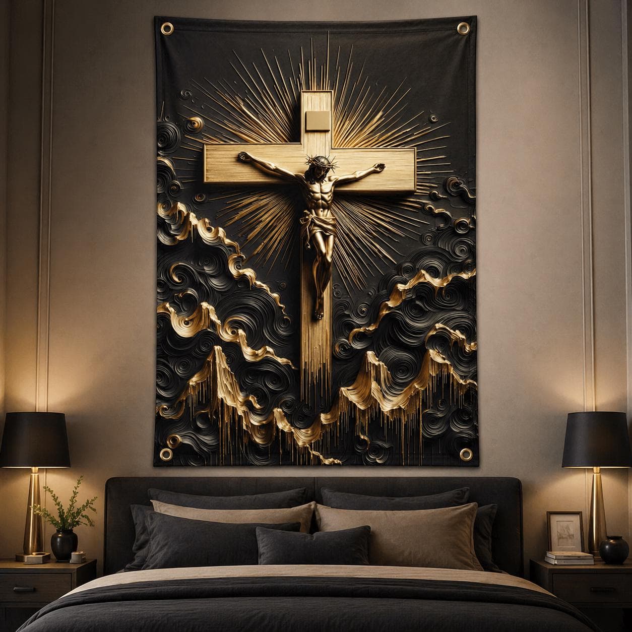 Jesus Christ Crucifix Wall Tapestry, 3D Black Gold Christian Home Decor, Catholic Cross Wall Hanging Rug, Modern Religious Prayer Art - image 4