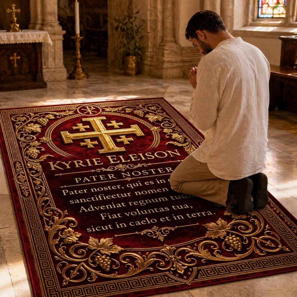 Pater Noster Prayer Rug, Latin Jerusalem Cross Mat, Catholic Kneeler, Vintage Christian Gothic Decor, Religious Spiritual Gift, Wall Art - image 3