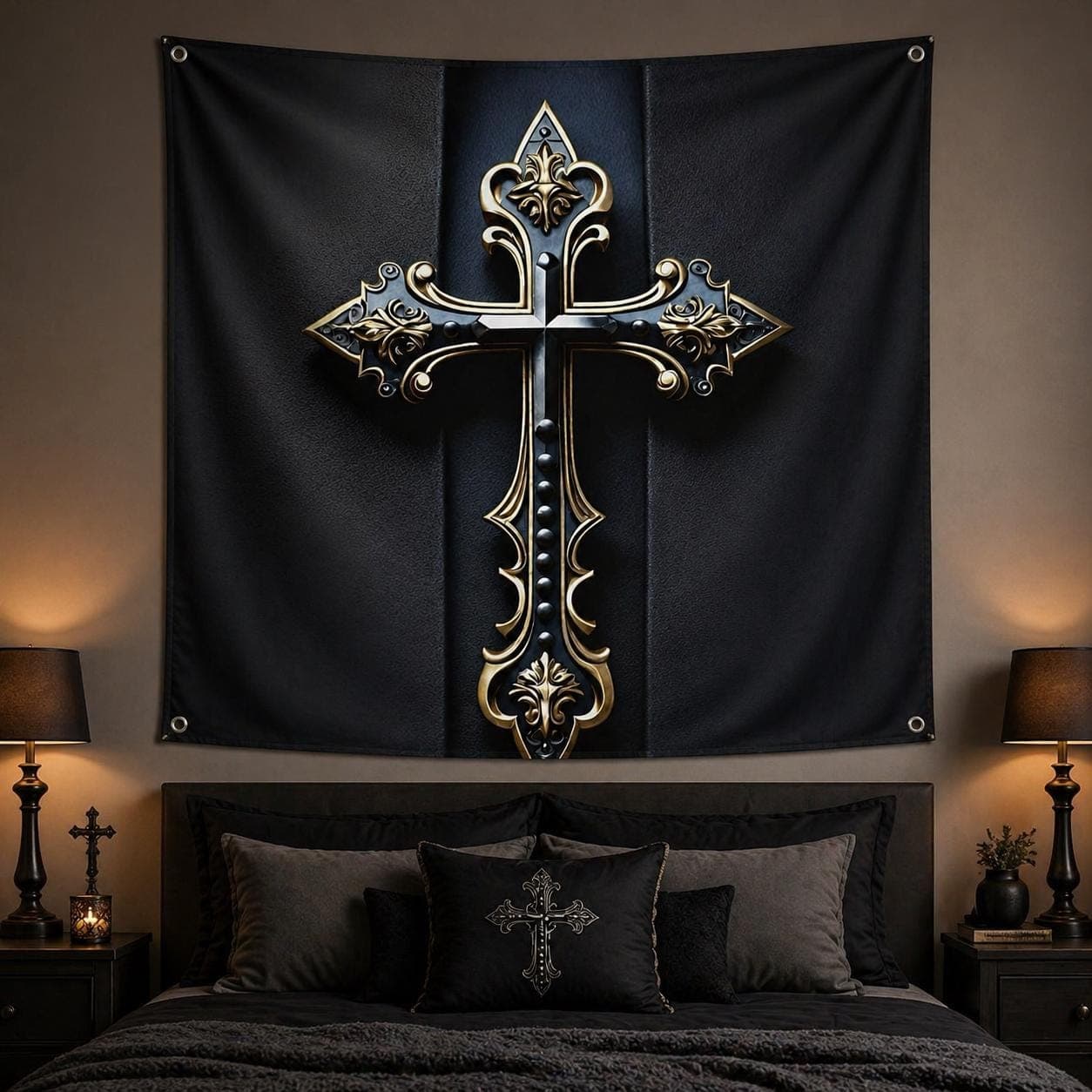 Gothic Christian Cross Tapestry Dark Academia Room Decor 3D Effect Ornate Gold Catholic Wall Hanging Antique Black and Gold Religious Art - image 4