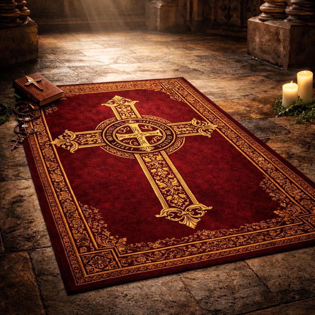 St Benedict Cross Rug, Catholic Prayer Rug, Saint Benedict Prayer Mat, Christian Prayer Rug, Religious Prayer Carpet, Catholic Decor Rug