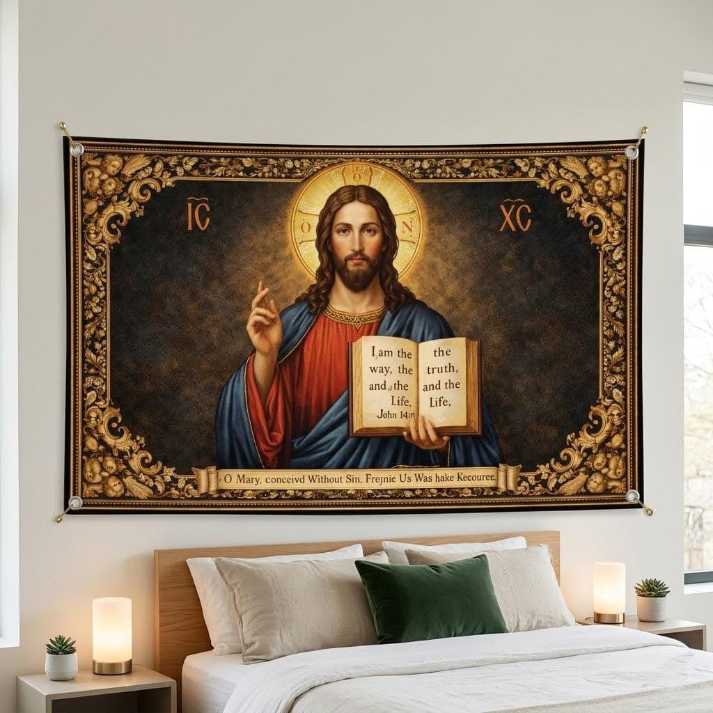 Jesus Christ Tapestry, John 14:6 Wall Art, Christian Home Decor, Vintage Catholic Prayer Room Hanging, Religious Gift, Bible Verse Decor - image 5
