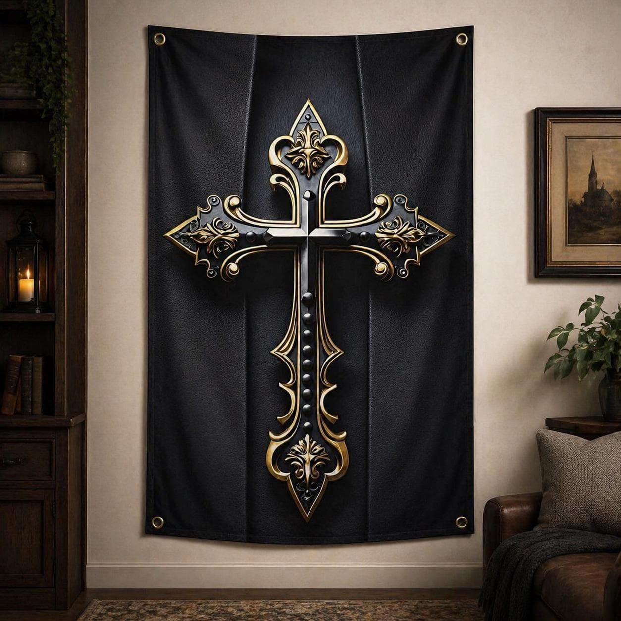 Gothic Christian Cross Tapestry Dark Academia Room Decor 3D Effect Ornate Gold Catholic Wall Hanging Antique Black and Gold Religious Art - image 5