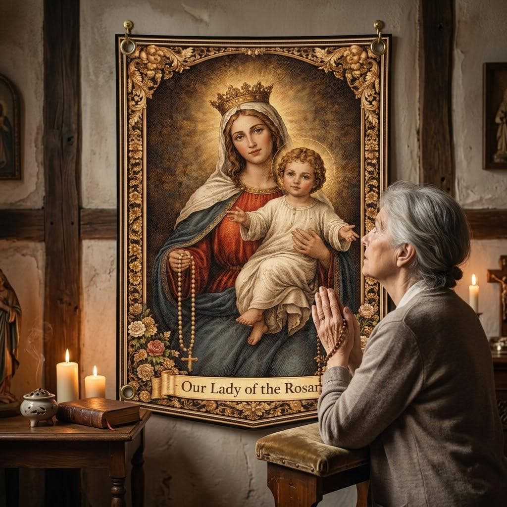 Vintage Our Lady of the Rosary Tapestry, Catholic Prayer Room Decor, Blessed Virgin Mary Wall Hanging, Christian Gift Religious Wall Art - image 3