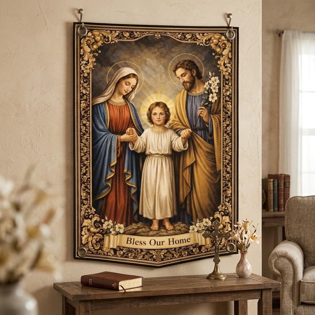 Holy Family Tapestry, Bless Our Home Christian Wall Art, Catholic Housewarming Gift, Traditional Religious Decor, Vintage Wall Hanging - image 4