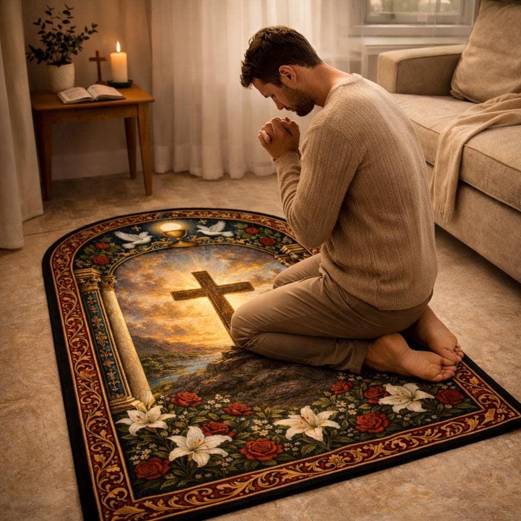 Christian Prayer Rug, Catholic Kneeling Mat, Floral Cross Area Rug, First Communion Gift, Vintage Spiritual Home Decor - image 5