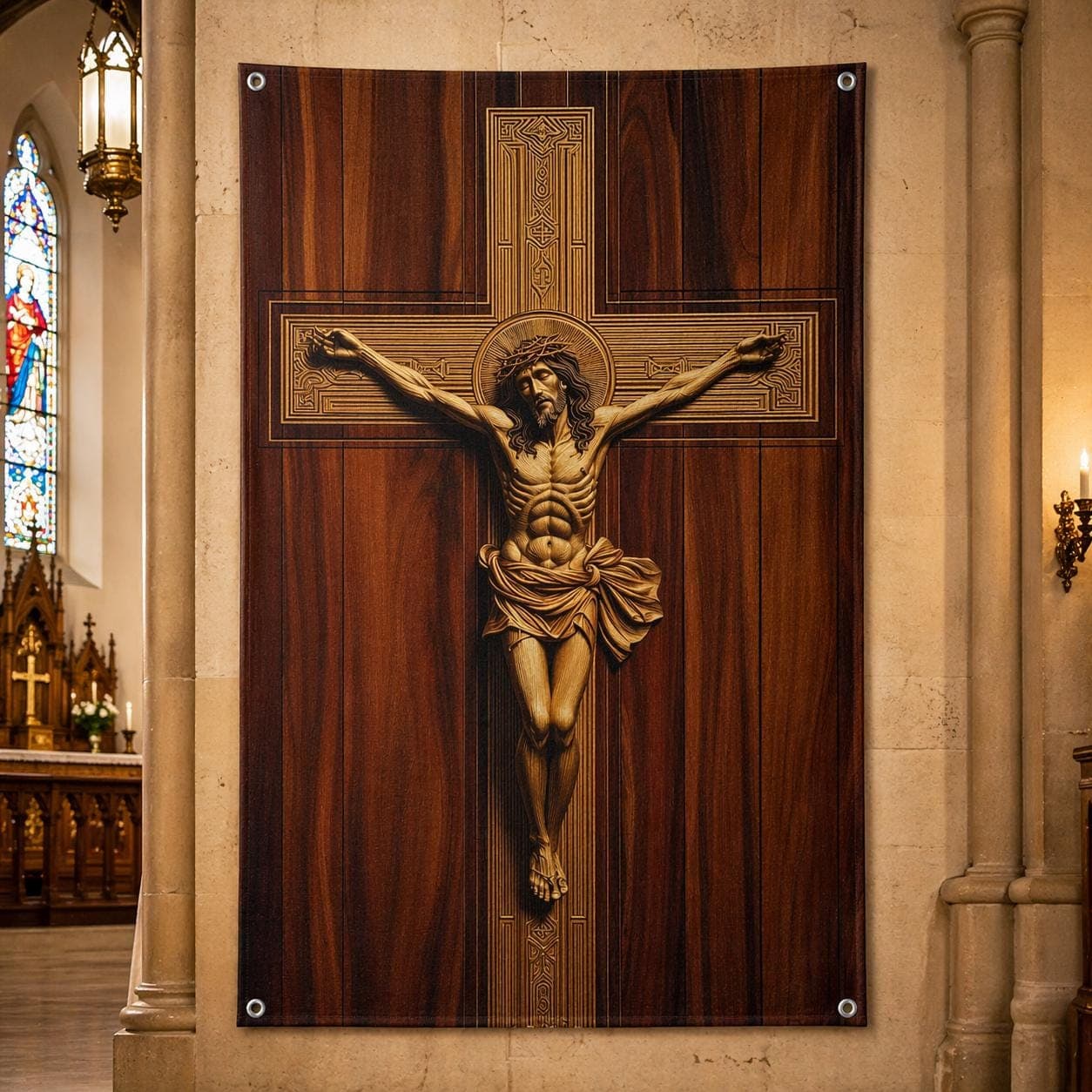 Jesus Christ Crucifix Wall Tapestry, 3D Wood Carving Effect Christian Wall Art, Catholic Religious Gift, Faux Wood Cross Hanging Wall Rug
