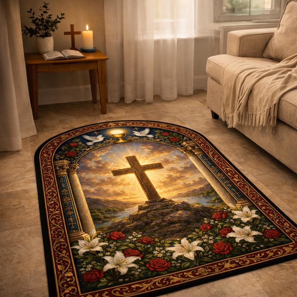 Christian Prayer Rug, Catholic Kneeling Mat, Floral Cross Area Rug, First Communion Gift, Vintage Spiritual Home Decor - image 4