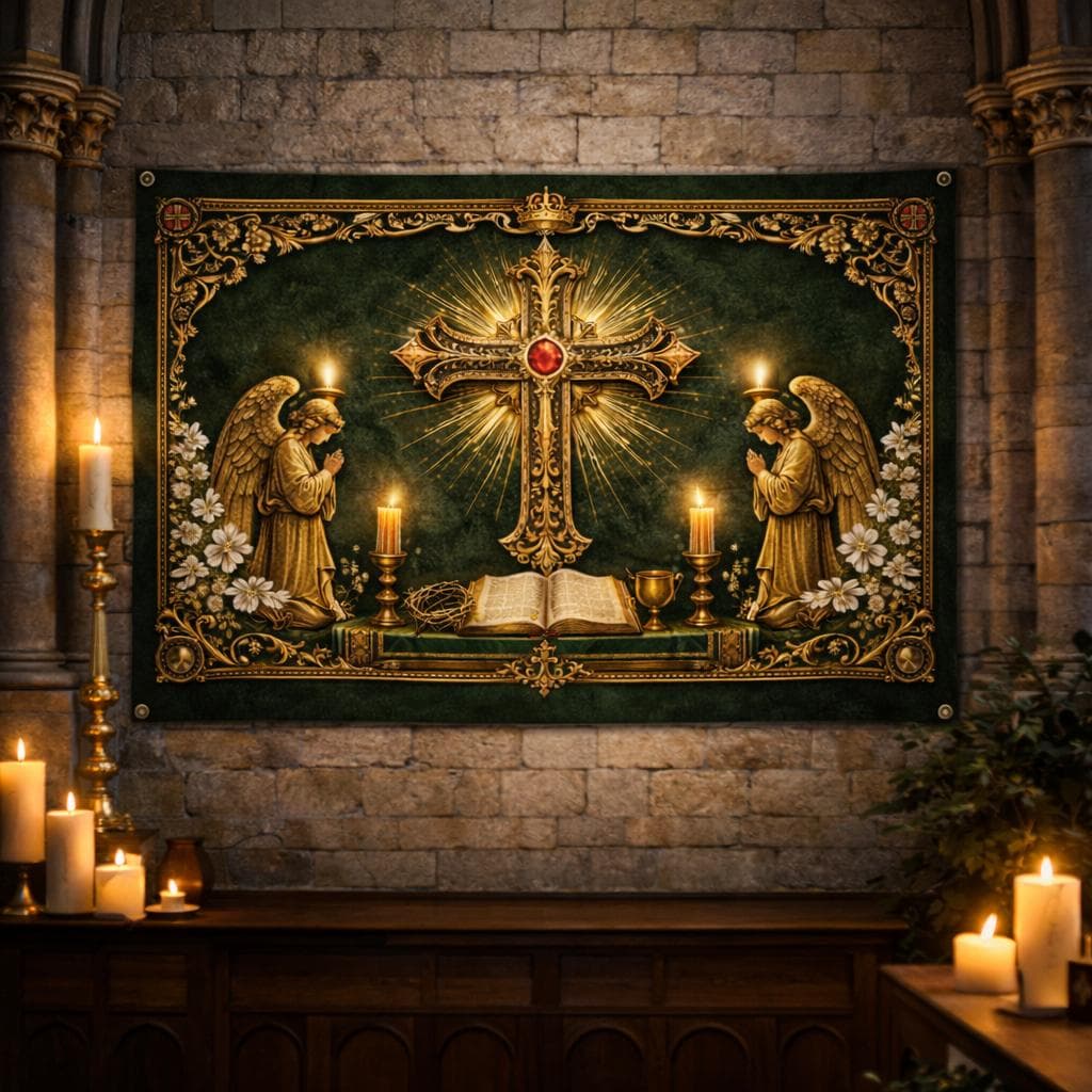 Vintage Golden Cross Wall Hanging, Praying Angels Christian Tapestry, Catholic Prayer Room Decor, Gothic Religious Art, Holy Bible Gift