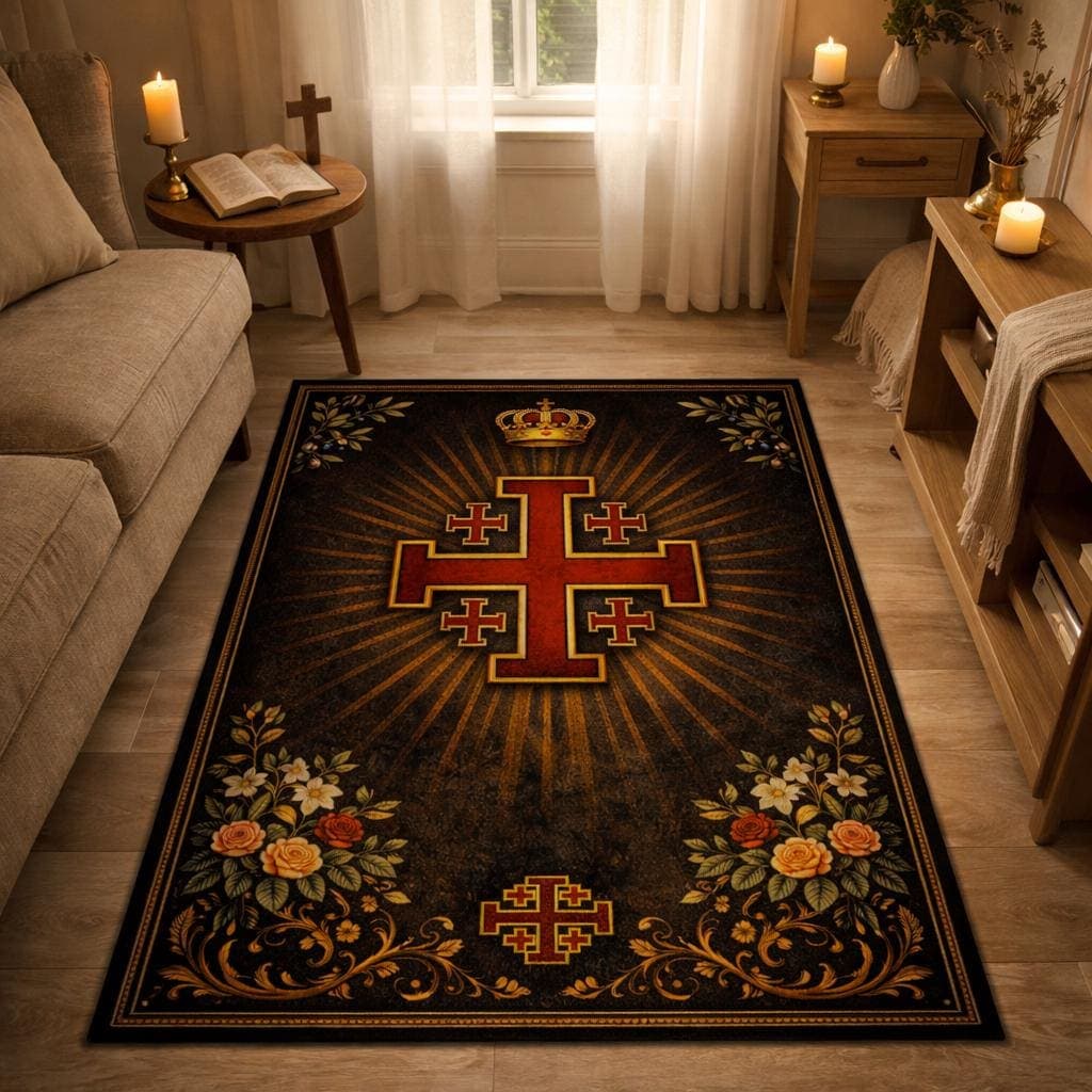 Jerusalem Cross Christian Prayer Rug | Vintage Catholic Kneeling Mat | Gothic Spiritual Home Decor | Royal Crown Religious Gift - image 4