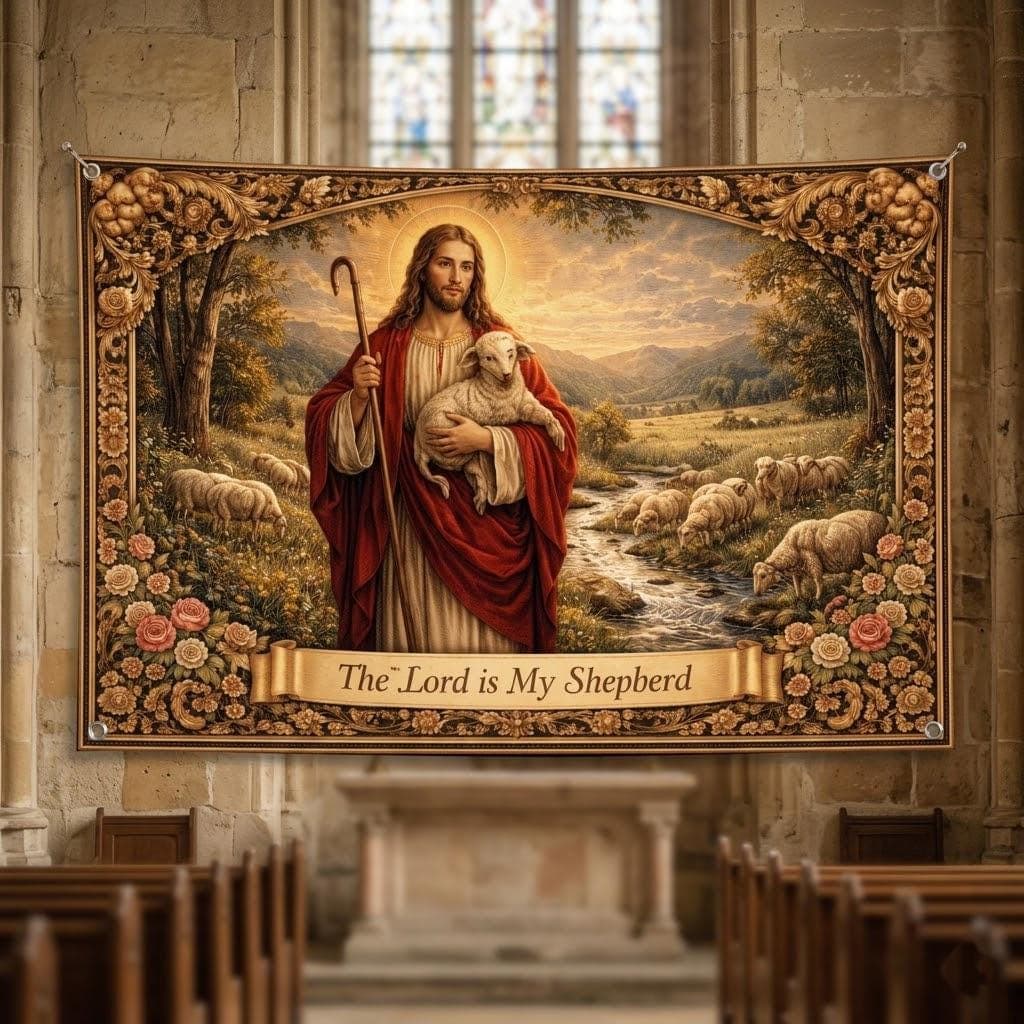 The Lord is My Shepherd Tapestry, Jesus Good Shepherd Wall Art, Psalm 23 Christian Home Decor, Vintage Religious Wall Hanging Decor Gift
