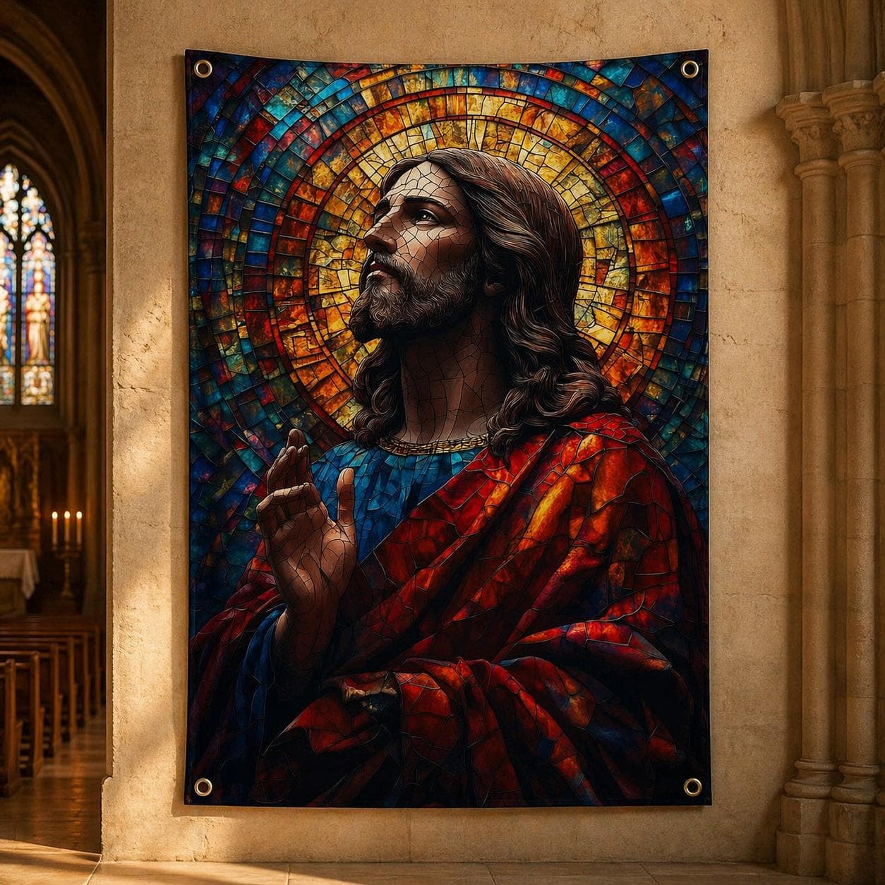 Jesus Christ Tapestry Stained Glass Wall Art Christian Home Decor Religious Wall Hanging Catholic Gift Spiritual Mosaic Wall Rug Easter Gift