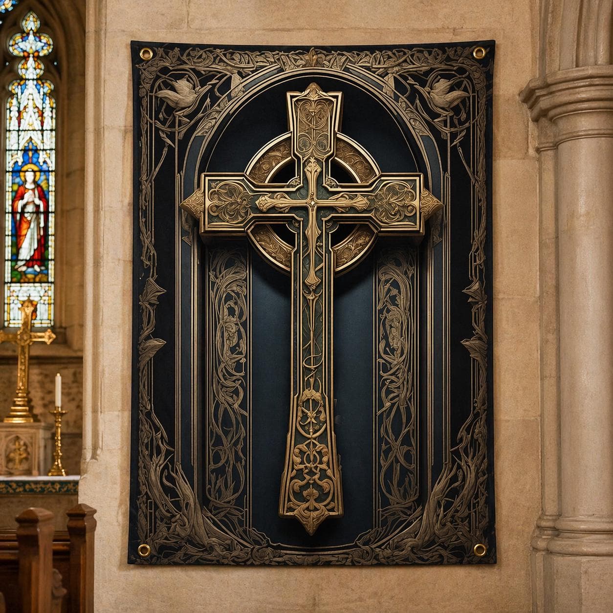 Gothic Celtic Cross Tapestry, Dark Academia Wall Hanging, Medieval Christian Decor, Ornate Gold Fabric Art, Religious Grommet Wall Art