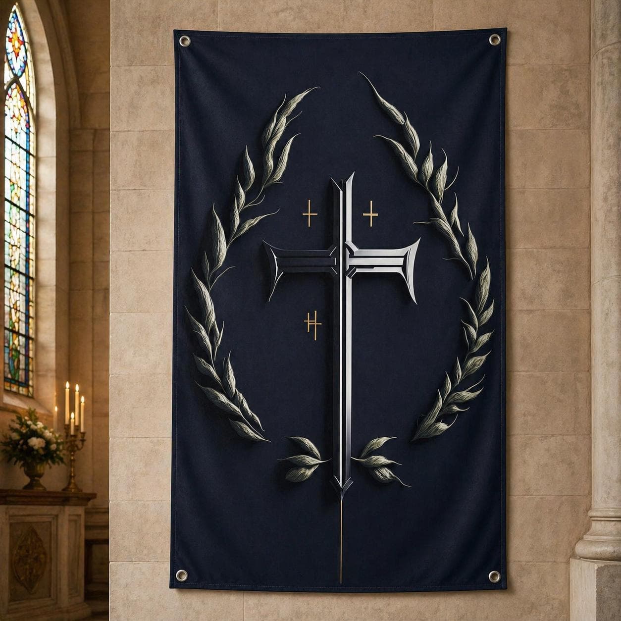 Christian Cross Tapestry, Gothic Dark Academia Room Decor, Silver Catholic Wall Hanging, Moody Religious Faith Art, Spiritual Gift