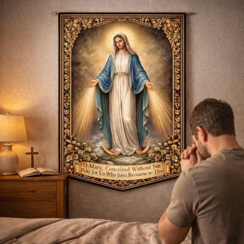 Virgin Mary Tapestry, Our Lady of Grace Wall Hanging, Vintage Catholic Decor, Blessed Mother Religious Art, Christian Catholic Gift - image 3