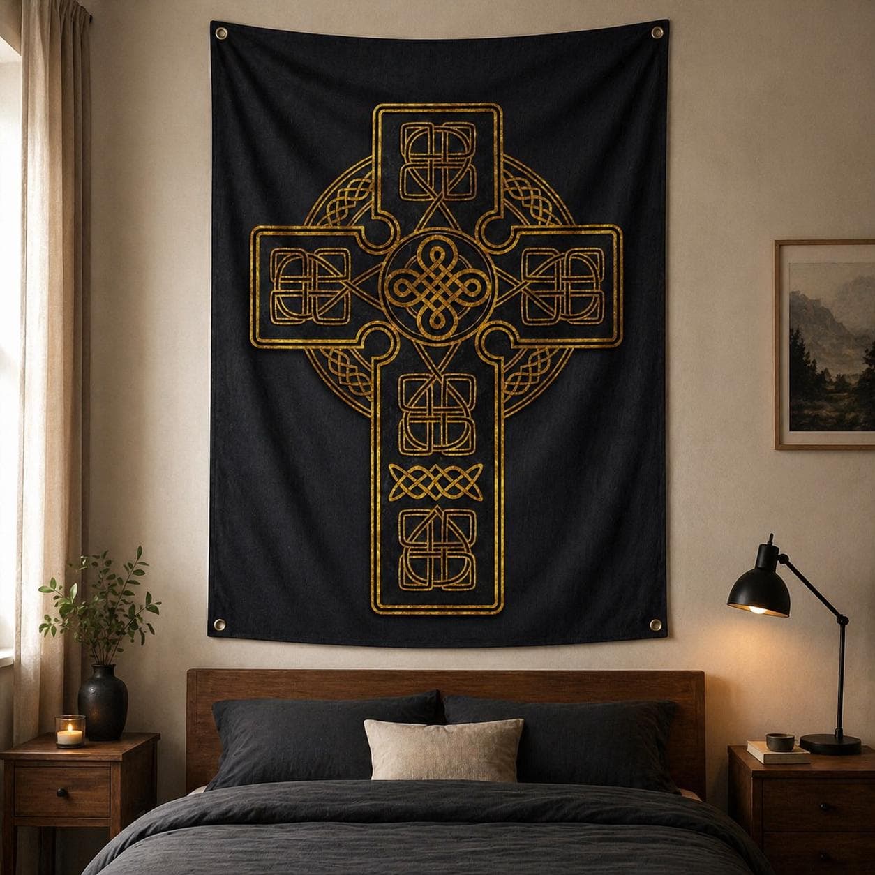 Black and Gold Celtic Cross Tapestry, Irish Catholic Wall Hanging, Gothic Dark Academia Room Decor, Christian Religious Home Wall Art - image 5
