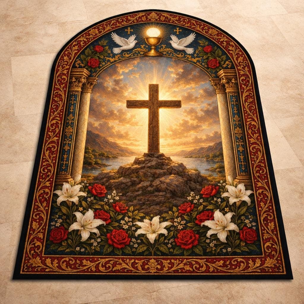 Christian Prayer Rug, Catholic Kneeling Mat, Floral Cross Area Rug, First Communion Gift, Vintage Spiritual Home Decor