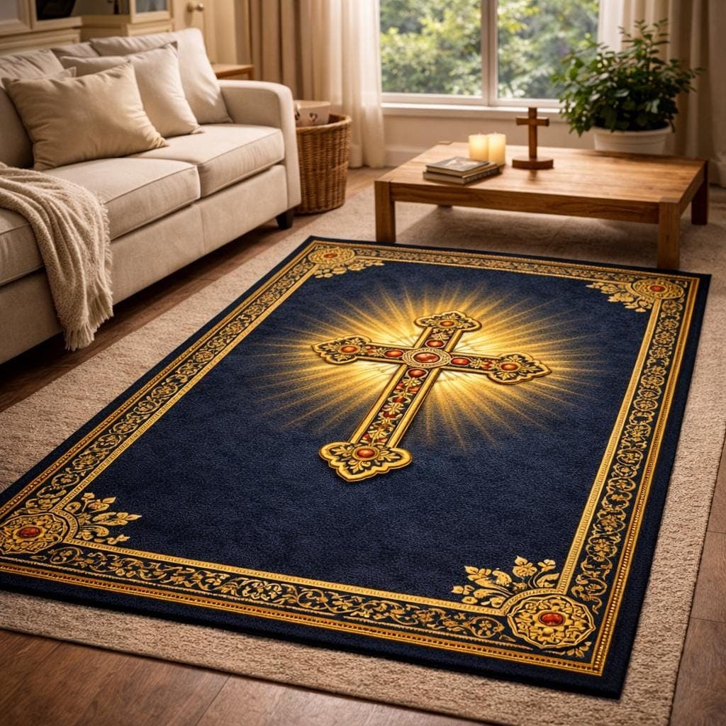 Catholic Prayer Mat with Gold Cross, Christian Kneeling Rug for Devotion, Sacred Space Decor, Religious Baptism Gift, Vintage Altar Carpet - image 4