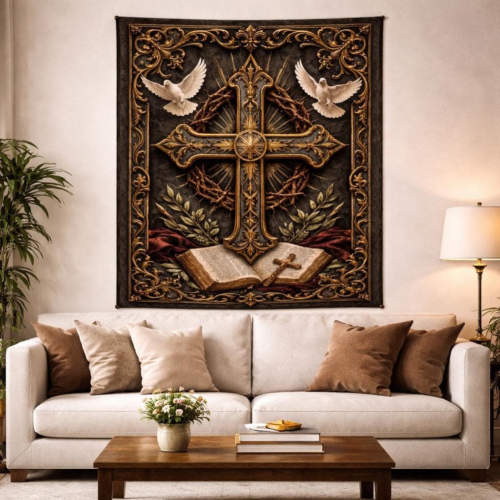 Christian Cross Wall Hanging, Gothic Dark Academia Tapestry, Ornate Gold Religious Decor, Catholic Prayer Room Art, Faithful Gift - image 4