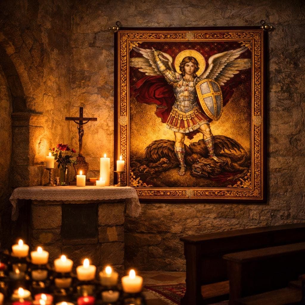 St Michael Archangel Tapestry, Catholic Wall Art, Christian Home Decor, Renaissance Religious Wall Hanging, Confirmation Gift, San Miguel - image 4
