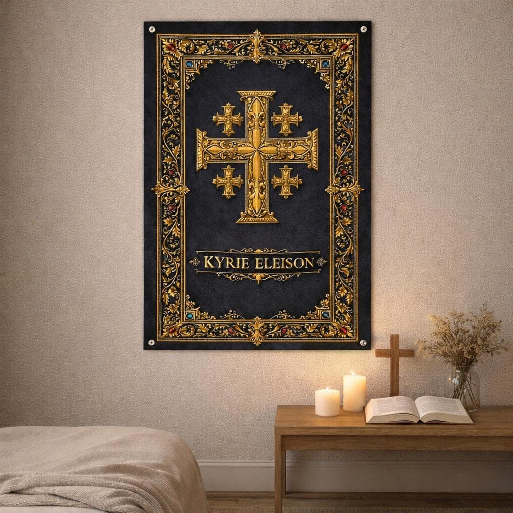 Jerusalem Cross Tapestry, Kyrie Eleison Christian Wall Art, Dark Academia Catholic Decor, Gothic Religious Gift, Room Hanging - image 5
