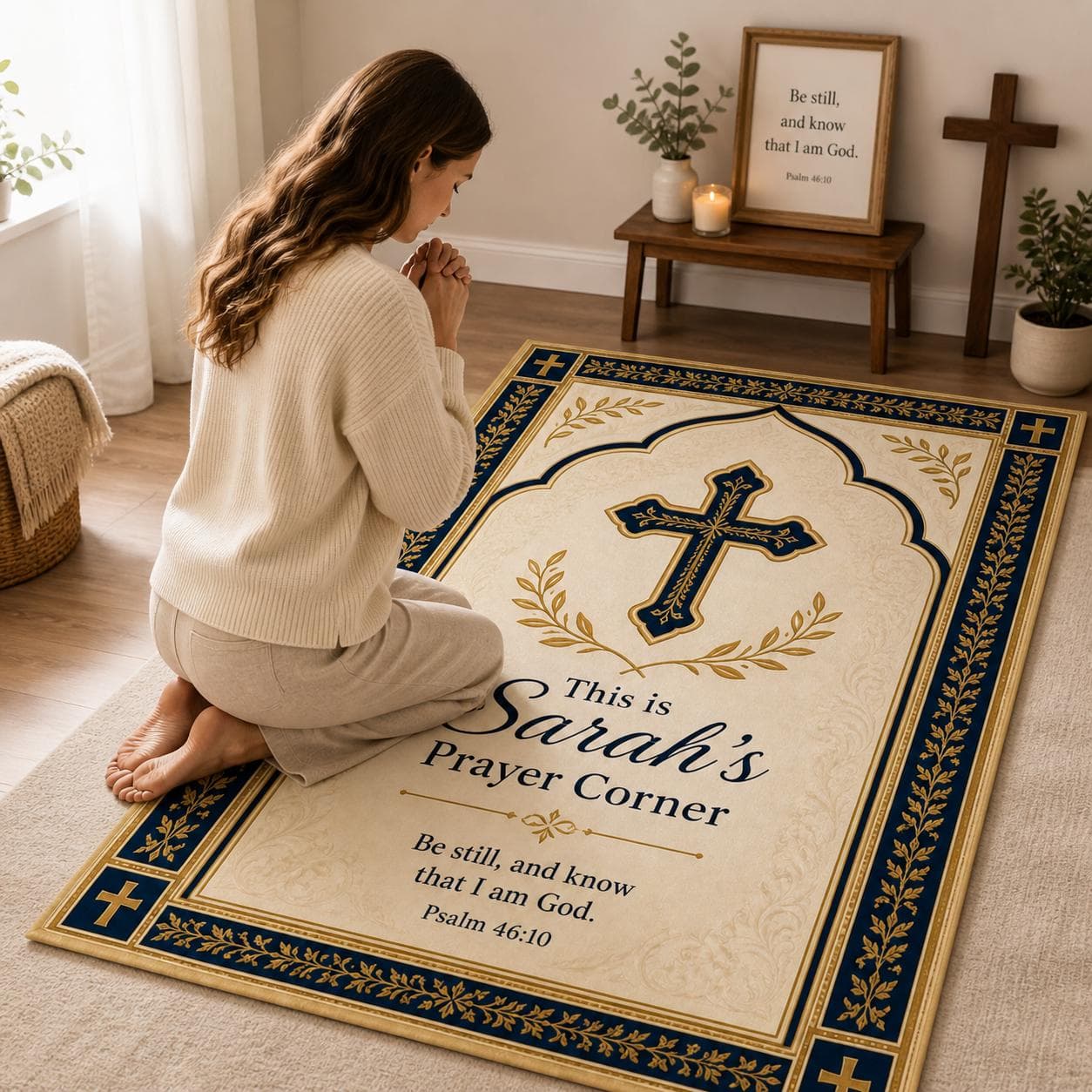 Personalized Christian Prayer Mat, Custom Name Cross Prayer Rug, Psalm 46:10 Bible Verse Kneeling Pad, Spiritual Faith Gift for Women Decor - image 3