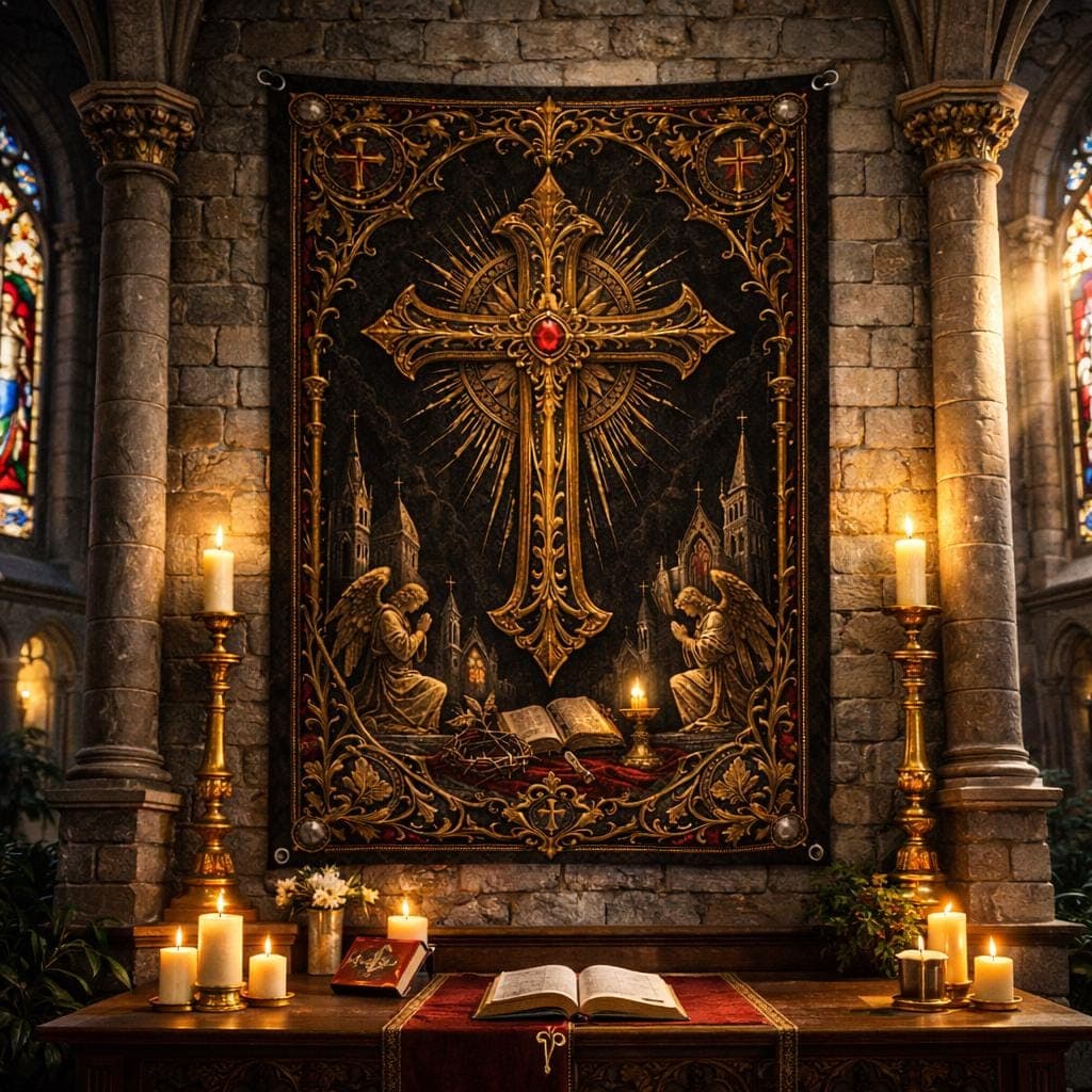 Gothic Christian Cross Tapestry, Vintage Catholic Home Decor, Gold Crucifix Wall Art, Dark Academia Religious Wall Hanging, Spiritual Gift
