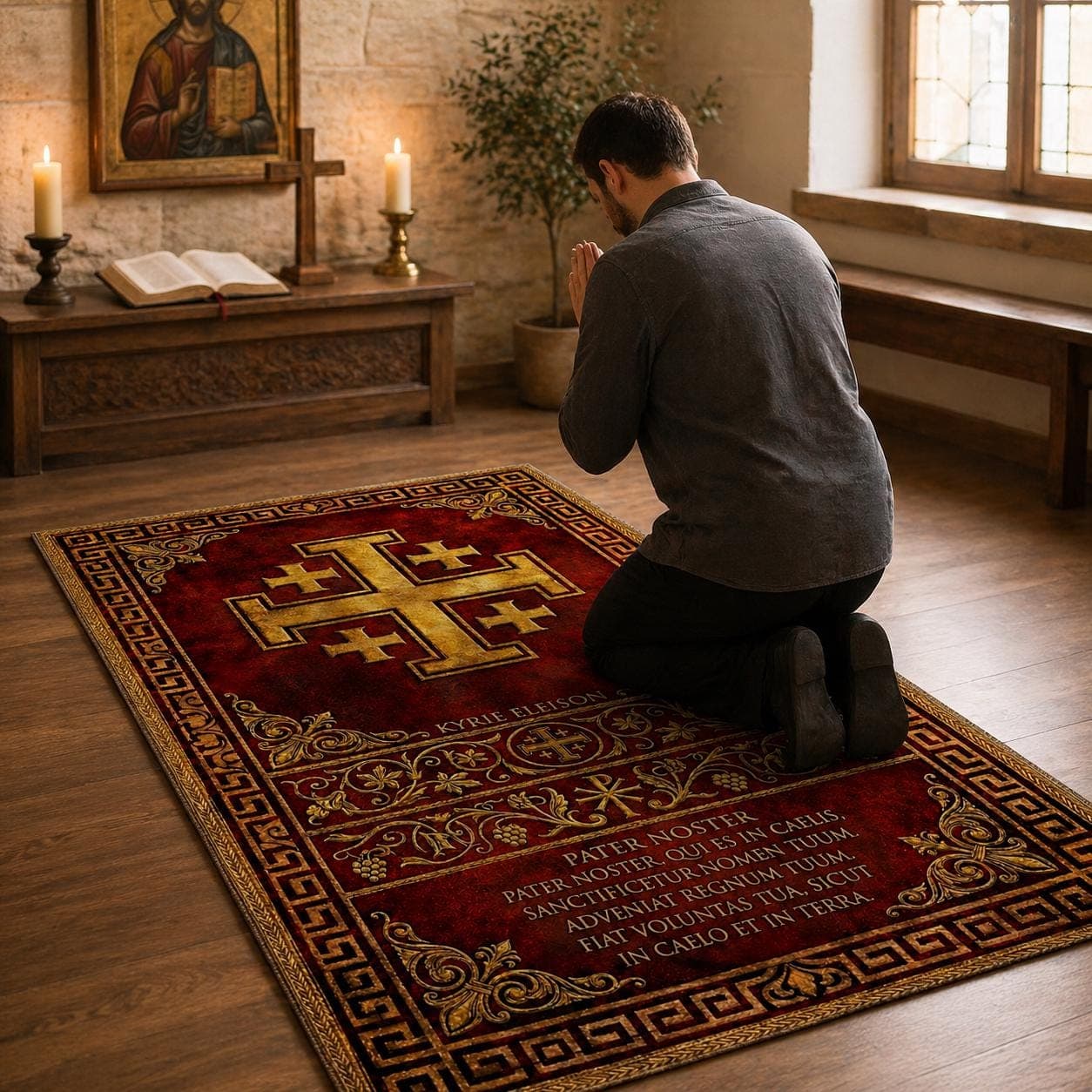 Christian Prayer Rug, Catholic Prayer Mat, Jerusalem Cross Kneeling Pad, Lords Prayer Pater Noster, Sacred Space Decor, Religious Gift - image 3