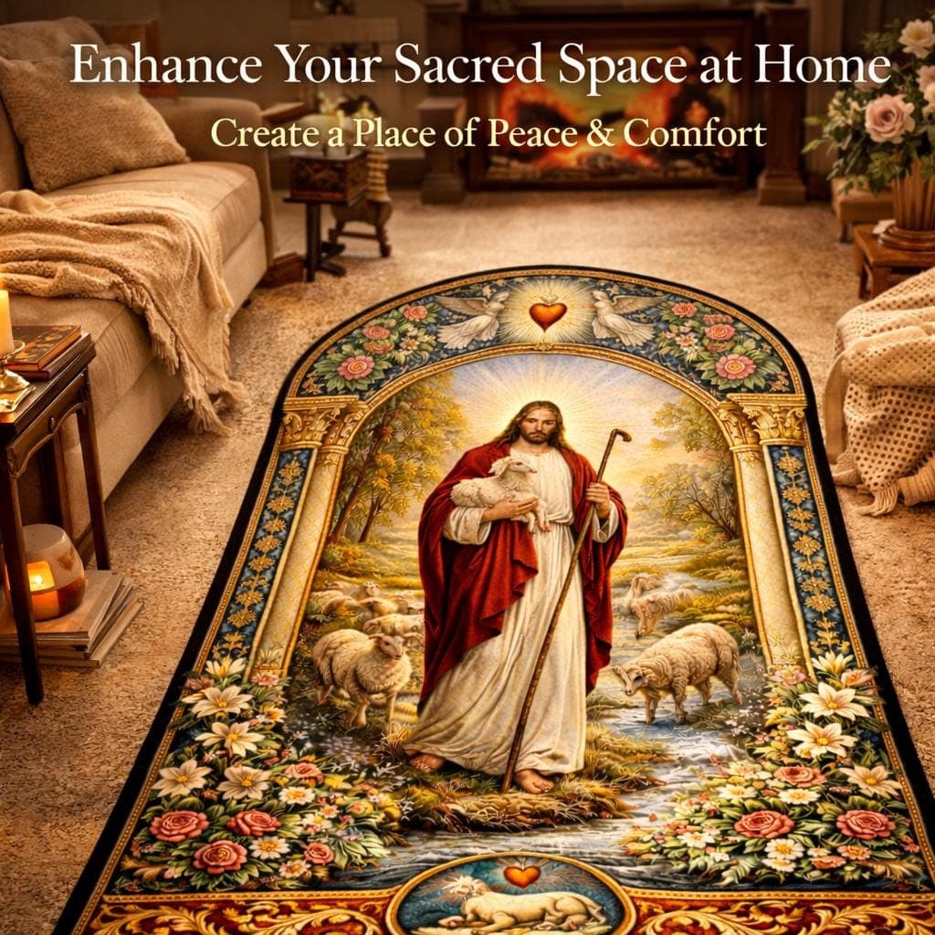Jesus Good Shepherd Christian Prayer Rug, Catholic Kneeling Mat for Home Altar, Sacred Heart Religious Gift, Vintage Devotional Decor - image 4