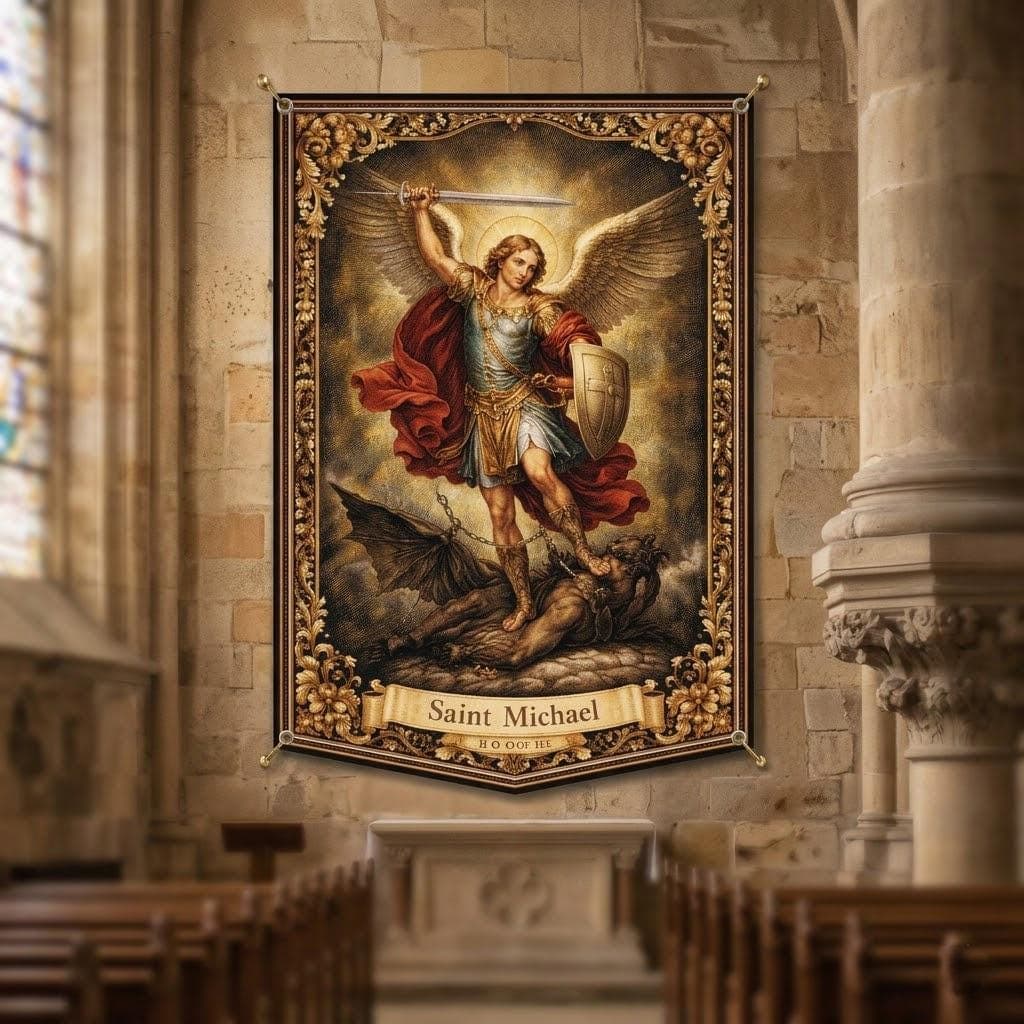 St Michael Archangel Tapestry Vintage Christian Wall Art Catholic Home Decor Spiritual Protection Wall Hanging Religious Gift