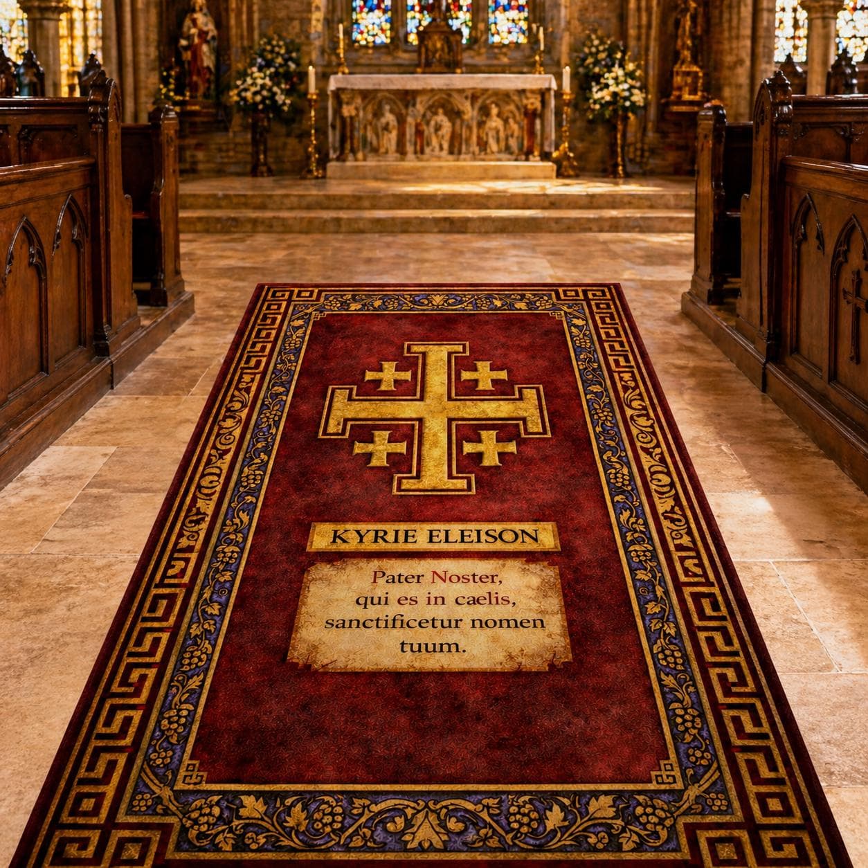 Christian Prayer Rug, Catholic Kneeler Mat, Jerusalem Cross Home Altar Decor, Lord's Prayer Gift, Vintage Latin Religious Decor