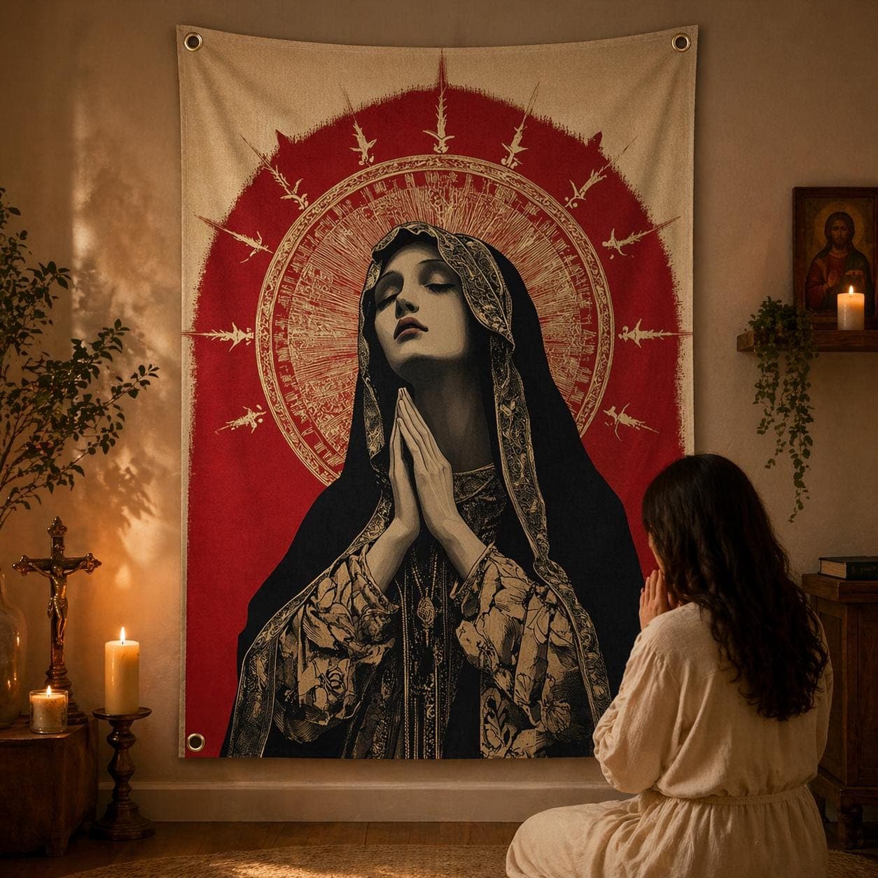 Virgin Mary Wall Hanging Dark Academia Decor Gothic Tapestry Moody Renaissance Art Mystical Maximalist Room Decor Catholic Christian Rug - image 3