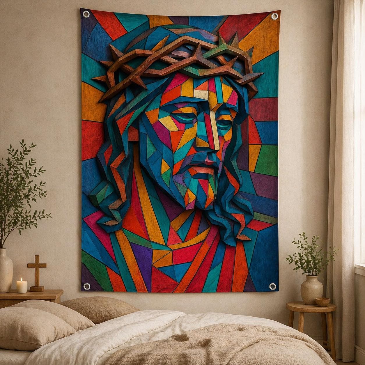 Jesus Christ Wall Hanging Rug, Modern Geometric Christian Home Decor, Stained Glass Style Religious Wall Art,Colorful Catholic Gift Tapestry - image 4