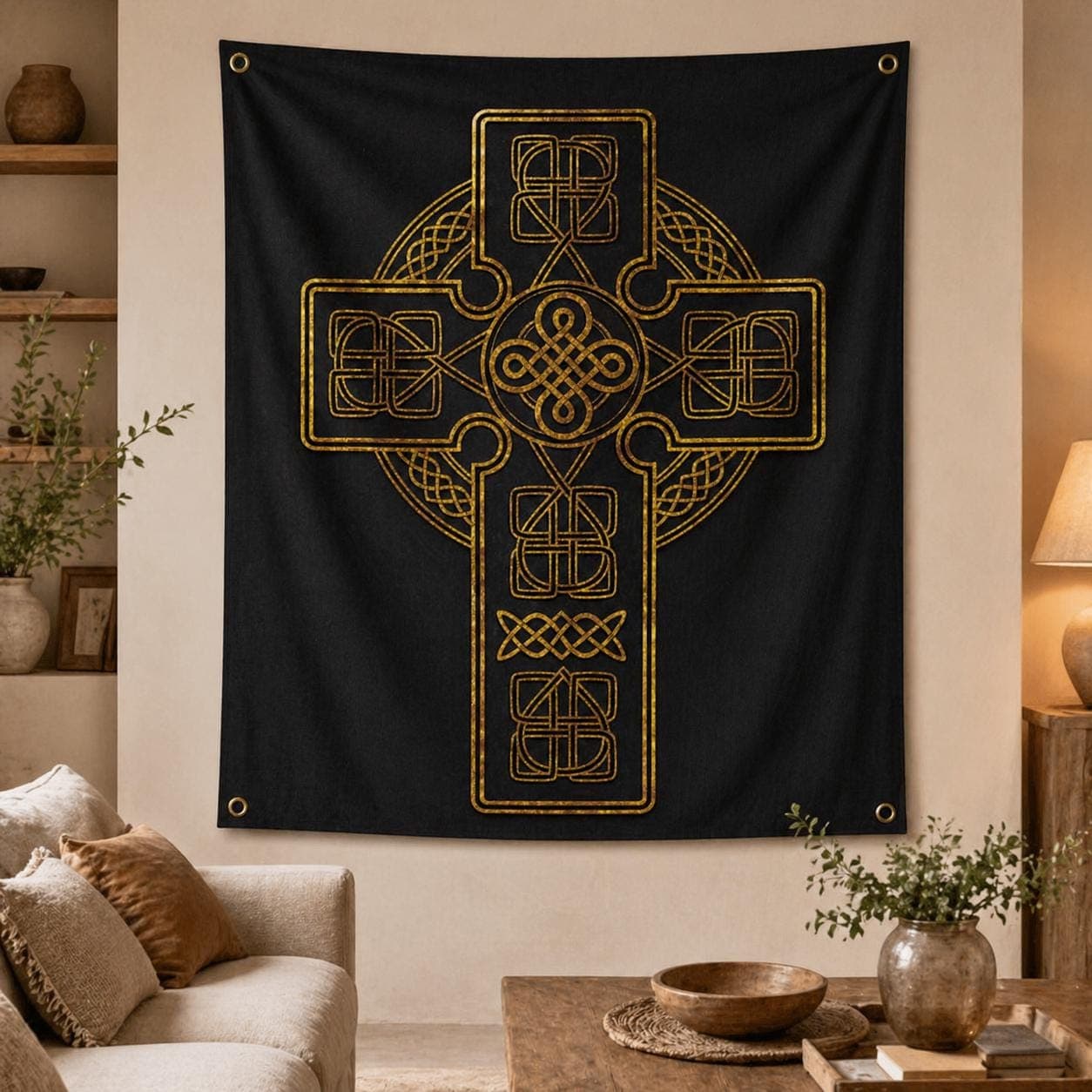 Black and Gold Celtic Cross Tapestry, Irish Catholic Wall Hanging, Gothic Dark Academia Room Decor, Christian Religious Home Wall Art - image 4