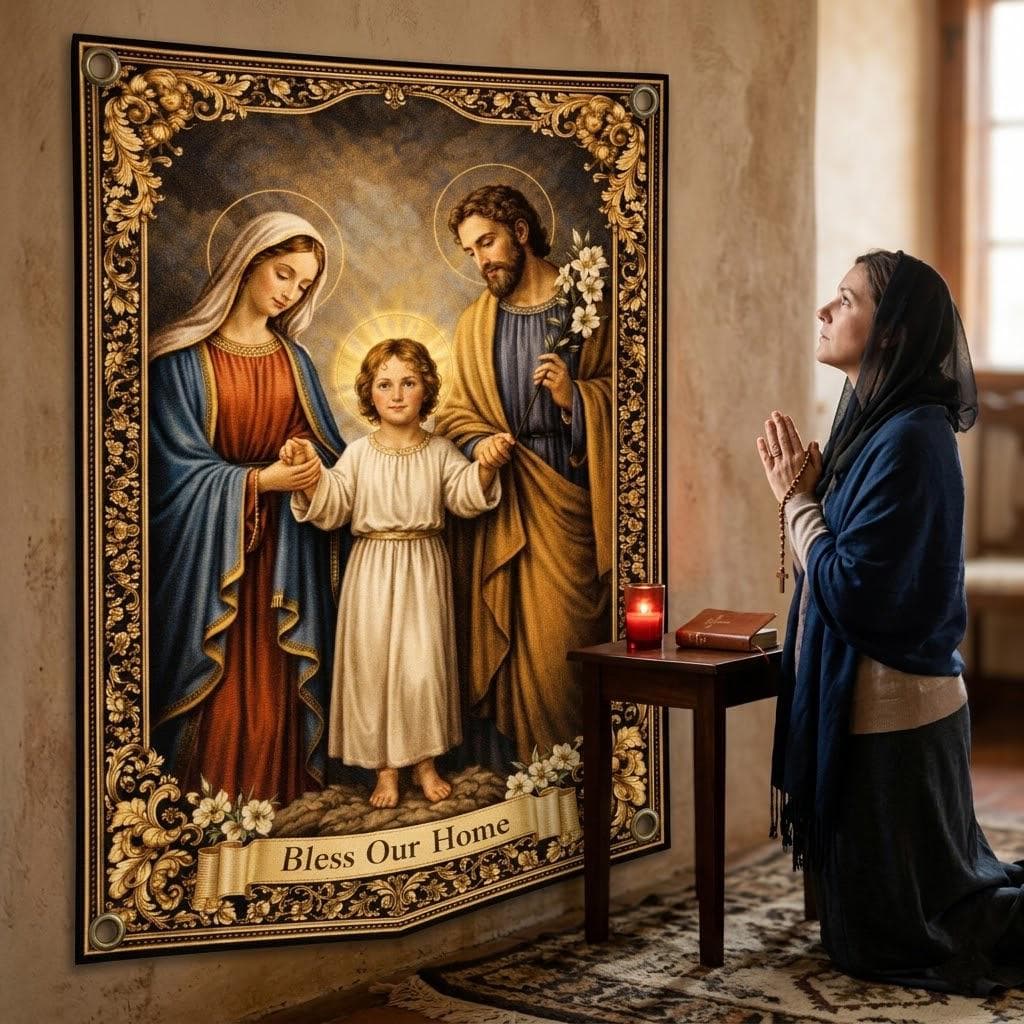 Holy Family Tapestry, Bless Our Home Christian Wall Art, Catholic Housewarming Gift, Traditional Religious Decor, Vintage Wall Hanging - image 3
