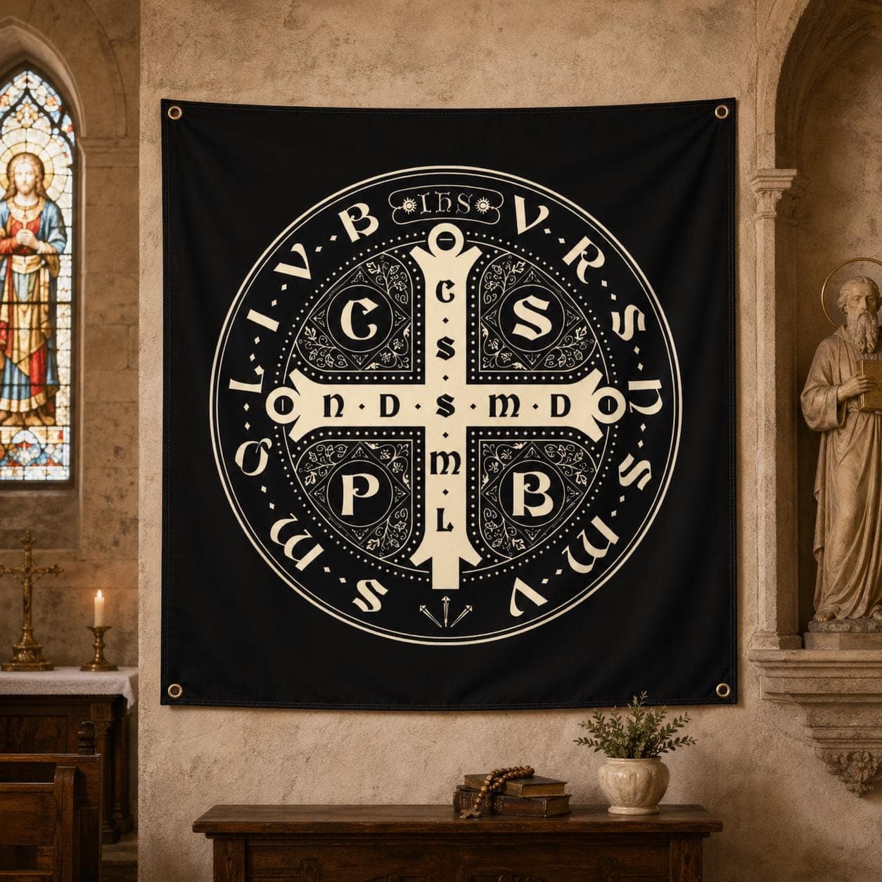 Saint Benedict Medal Tapestry, Catholic Home Decor, Protection Cross Wall Art, Gothic Dark Academia Room Decor, Christian Religious Gift