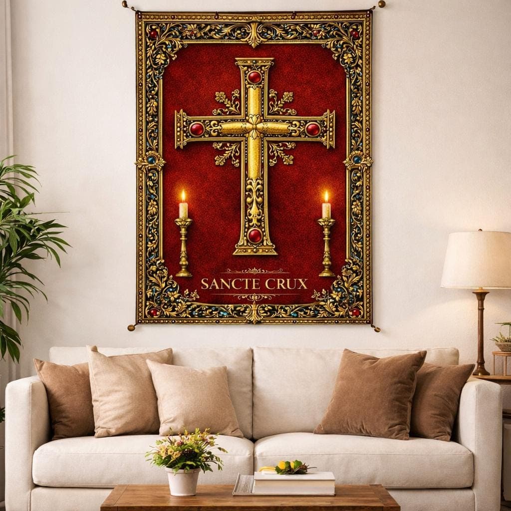 Sancte Crux Tapestry, Ornate Gold Cross Wall Hanging, Medieval Gothic Catholic Decor, Red Christian Religious Art, Prayer Room Gift - image 5