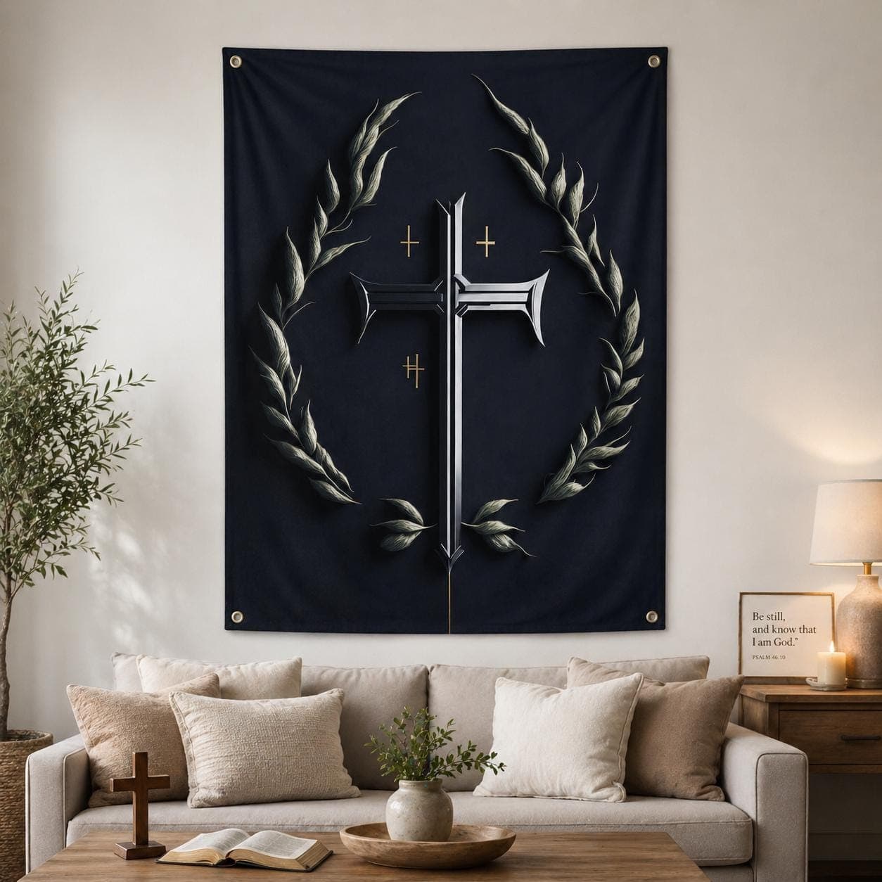 Christian Cross Tapestry, Gothic Dark Academia Room Decor, Silver Catholic Wall Hanging, Moody Religious Faith Art, Spiritual Gift - image 4