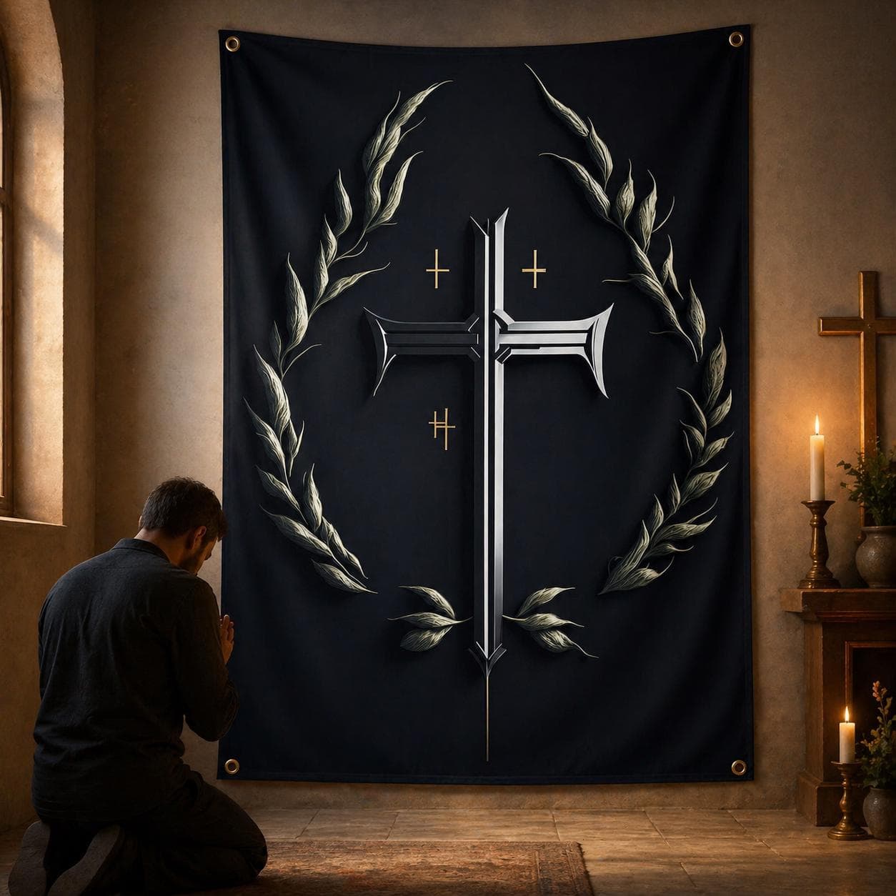 Christian Cross Tapestry, Gothic Dark Academia Room Decor, Silver Catholic Wall Hanging, Moody Religious Faith Art, Spiritual Gift - image 3