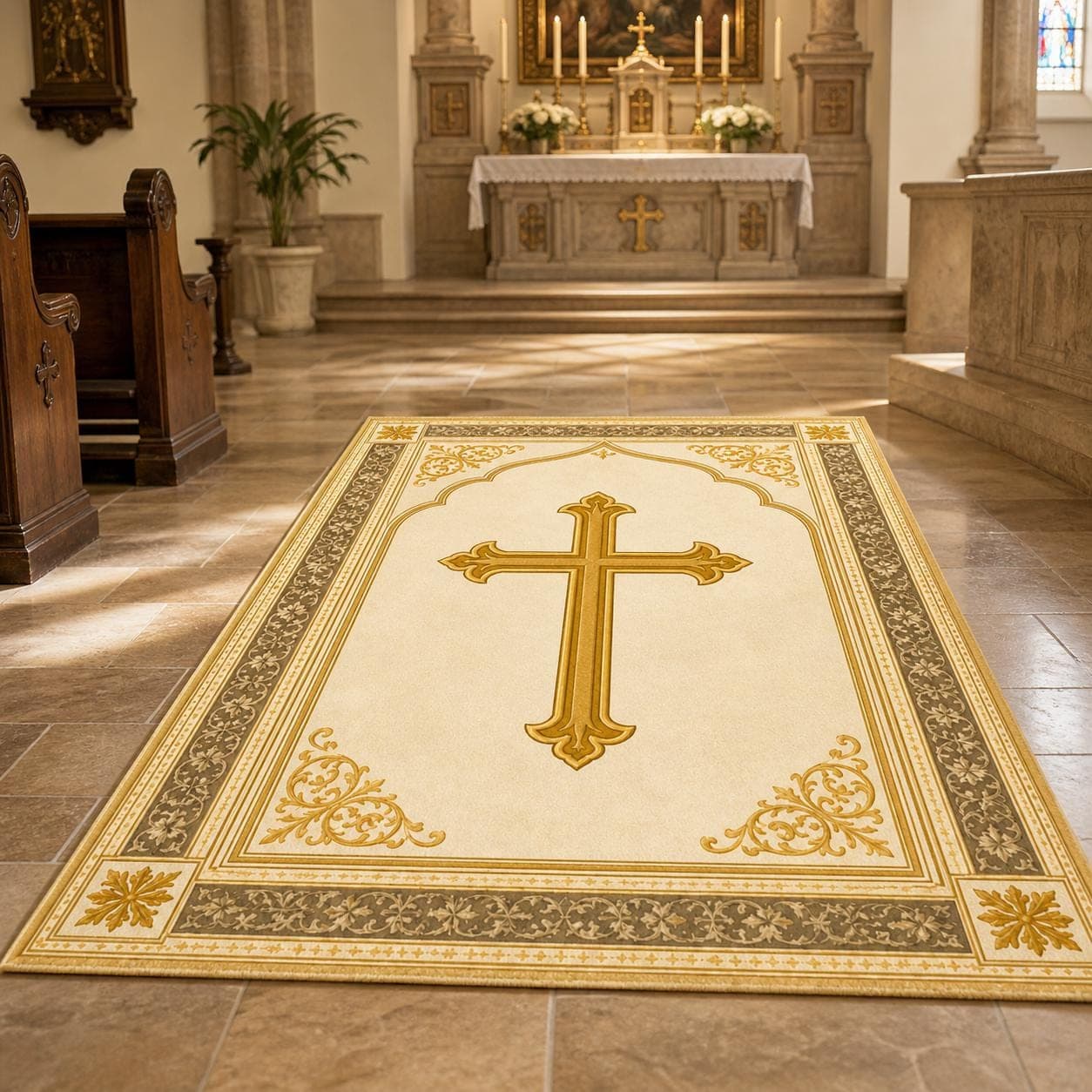 Christian Prayer Mat, Catholic Kneeling Pad, Vintage Gold Cross Rug, Church Altar Decor, Spiritual Baptism Gift, Prayer Room Rug