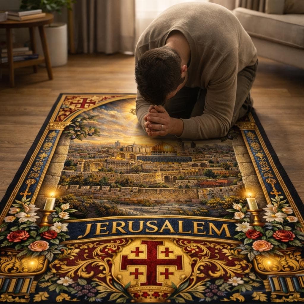 Christian Prayer Rug, Jerusalem Cross Kneeling Mat, Catholic Home Decor, Holy Land Spiritual Gift, Orthodox Prayer Pad, Religious Rug - image 4