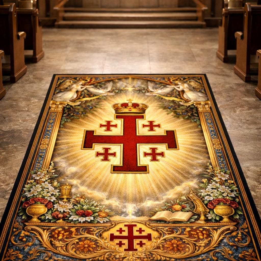 Jerusalem Cross Christian Prayer Mat, Catholic Kneeling Rug for Home Altar, Vintage Religious Gift, Orthodox Devotional Kneeler