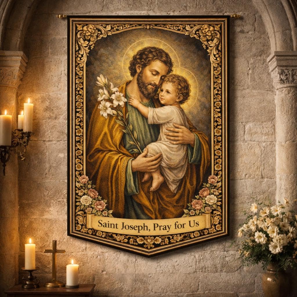 St Joseph Tapestry Catholic Wall Art, Vintage Religious Baptism Gift, Holy Family Nursery Decor, Traditional Christian Home Altar Hanging