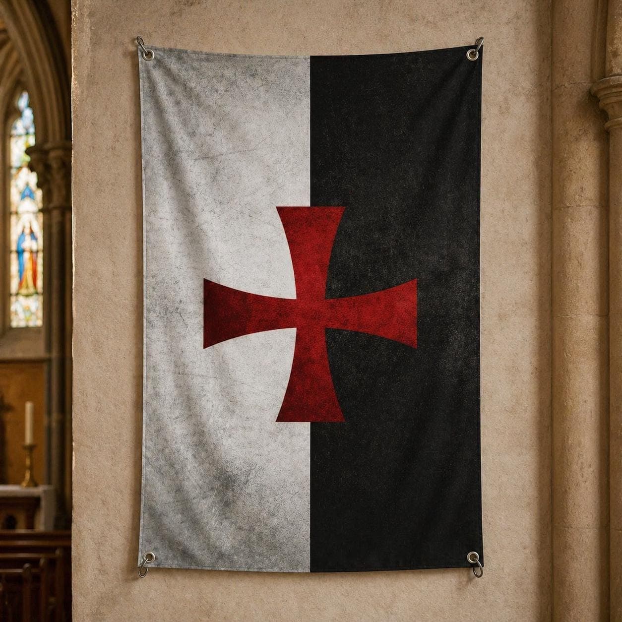 Knights Templar Cross Tapestry, Medieval Crusader Wall Hanging, Grunge Christian Decor, Gothic Red Cross Man Cave Art with Metal Grommets