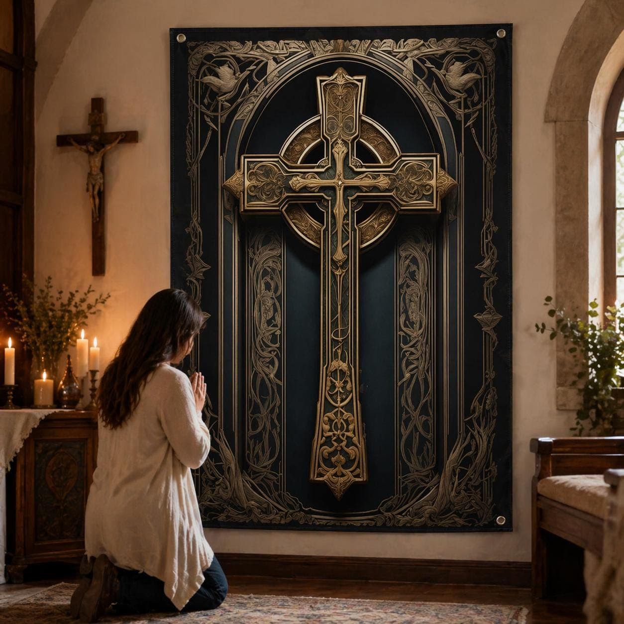 Gothic Celtic Cross Tapestry, Dark Academia Wall Hanging, Medieval Christian Decor, Ornate Gold Fabric Art, Religious Grommet Wall Art - image 3